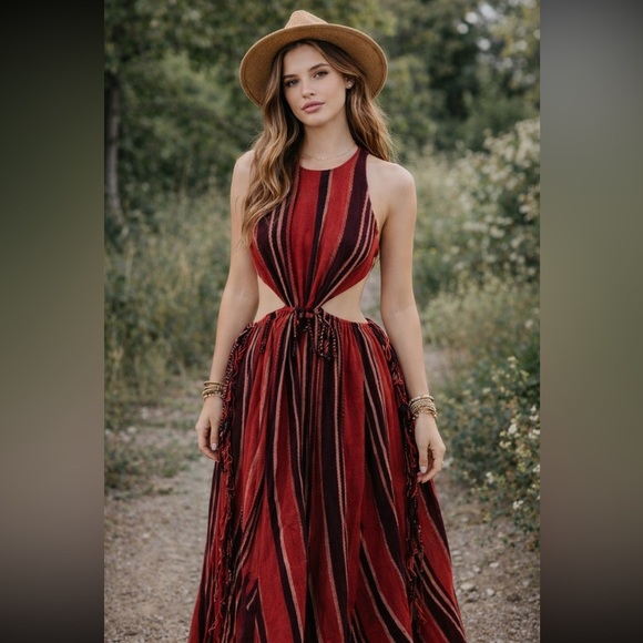 Ulla Johnson Caterina Red Black Stripe Fringed Maxi Dress 17882 - Picture 2 of 14